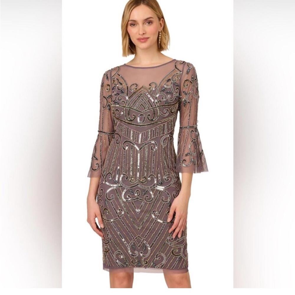 Adrianna Papell NWT SZ 12 Beaded Art Deco Cocktail Dress Bell Sleeve Sheer PARTY